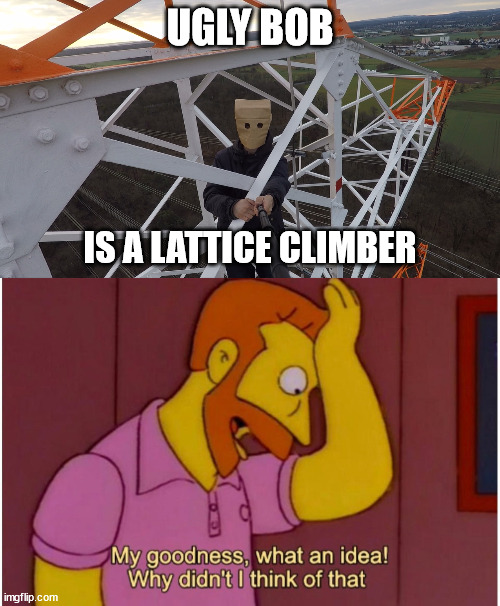 My goodness, what an idea! | UGLY BOB; IS A LATTICE CLIMBER | image tagged in baghead climber,lattice climbing,the simpsons,template,meme,sport | made w/ Imgflip meme maker