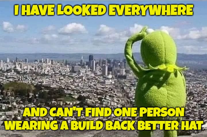 I HAVE LOOKED EVERYWHERE AND CAN'T FIND ONE PERSON WEARING A BUILD BACK BETTER HAT | made w/ Imgflip meme maker