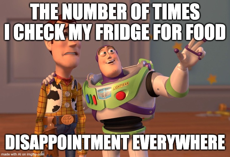 X, X Everywhere | THE NUMBER OF TIMES I CHECK MY FRIDGE FOR FOOD; DISAPPOINTMENT EVERYWHERE | image tagged in memes,x x everywhere | made w/ Imgflip meme maker