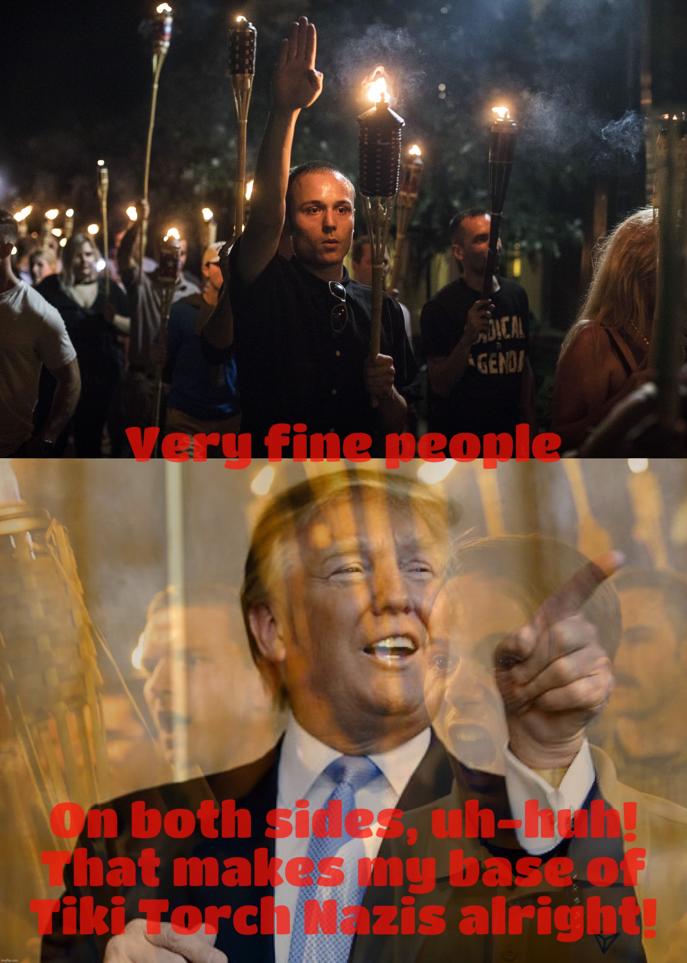 He's sure that at least some of them were very fine people... On both sides, of course | Very fine people; On both sides, uh-huh!
That makes my base of
Tiki Torch Nazis alright! | image tagged in nazis charlottesville trump,donald trump pointing,unite the right,unite the blight,very fine people,trailer trash power | made w/ Imgflip meme maker