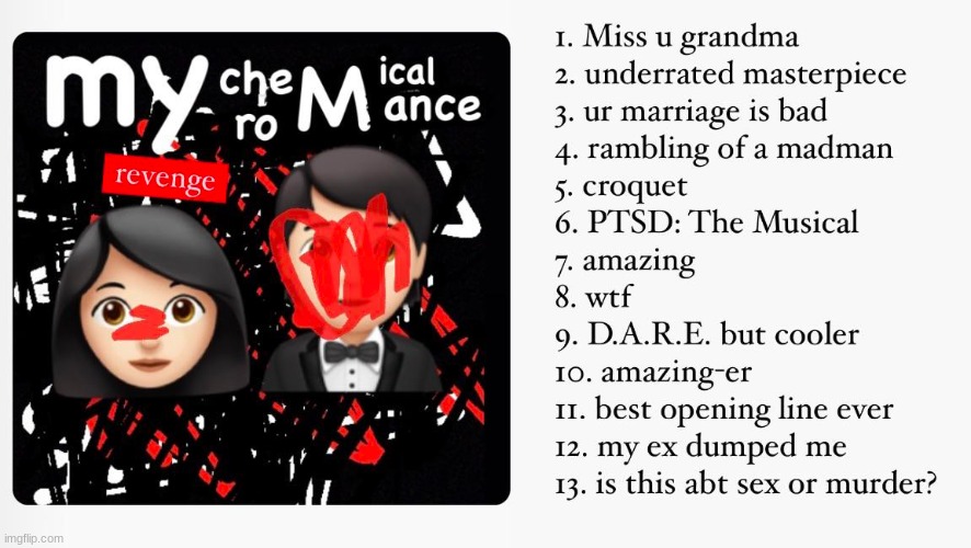 in a nutshell | image tagged in mcr,my chemical romance,three cheers for sweet revenge | made w/ Imgflip meme maker