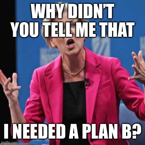 Elizabeth Warren | WHY DIDN’T YOU TELL ME THAT; I NEEDED A PLAN B? | image tagged in elizabeth warren | made w/ Imgflip meme maker
