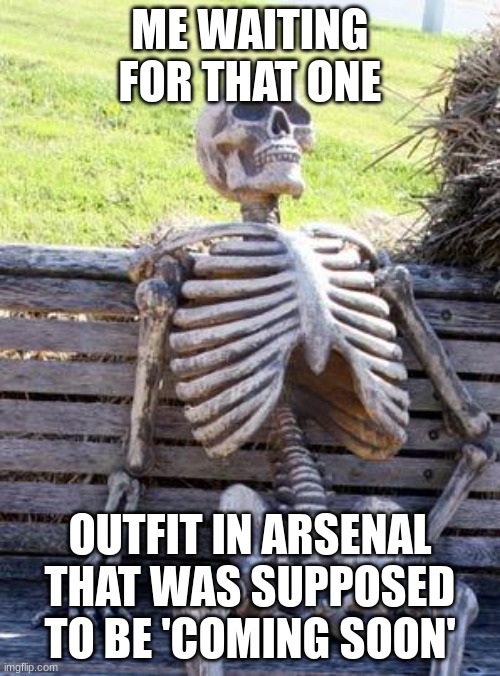 arsenal shenanigans | ME WAITING FOR THAT ONE; OUTFIT IN ARSENAL THAT WAS SUPPOSED TO BE 'COMING SOON' | image tagged in memes,waiting skeleton | made w/ Imgflip meme maker