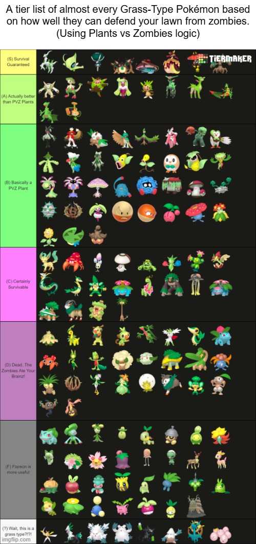 What Pokémon would you guys want in a zombie apocalypse? | A tier list of almost every Grass-Type Pokémon based
on how well they can defend your lawn from zombies.
(Using Plants vs Zombies logic) | image tagged in grass,pokemon,pvz,plants vs zombies,tier list | made w/ Imgflip meme maker