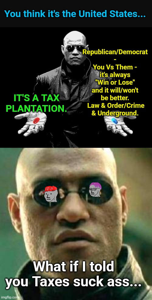 Can we all agree on something? | You think it's the United States... Republican/Democrat - You Vs Them - it's always "Win or Lose" and it will/won't be better.  Law & Order/Crime & Underground. IT'S A TAX PLANTATION. What if I told you Taxes suck ass... | image tagged in morpheus matrix blue pill red pill,what if i told you | made w/ Imgflip meme maker