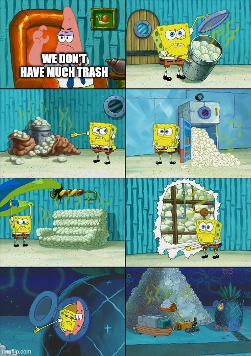 Spongebob shows Patrick Garbage | WE DON'T HAVE MUCH TRASH | image tagged in spongebob shows patrick garbage | made w/ Imgflip meme maker