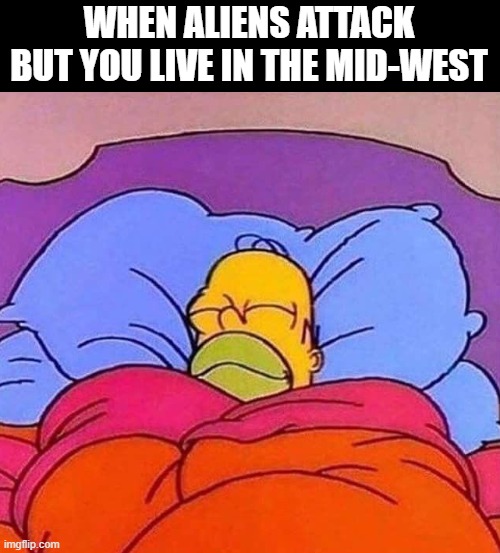 Movies | WHEN ALIENS ATTACK BUT YOU LIVE IN THE MID-WEST | image tagged in homer simpson sleeping peacefully,aliens,movie | made w/ Imgflip meme maker