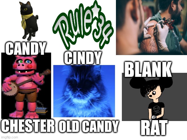 the fnac 1 characters in a nutshell | CANDY; CINDY; BLANK; CHESTER; OLD CANDY; RAT | image tagged in yeah,we're,doing,the,fanverse,now | made w/ Imgflip meme maker
