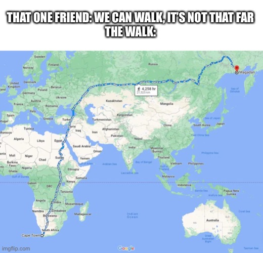 THAT ONE FRIEND: WE CAN WALK, IT’S NOT THAT FAR
THE WALK: | image tagged in map | made w/ Imgflip meme maker