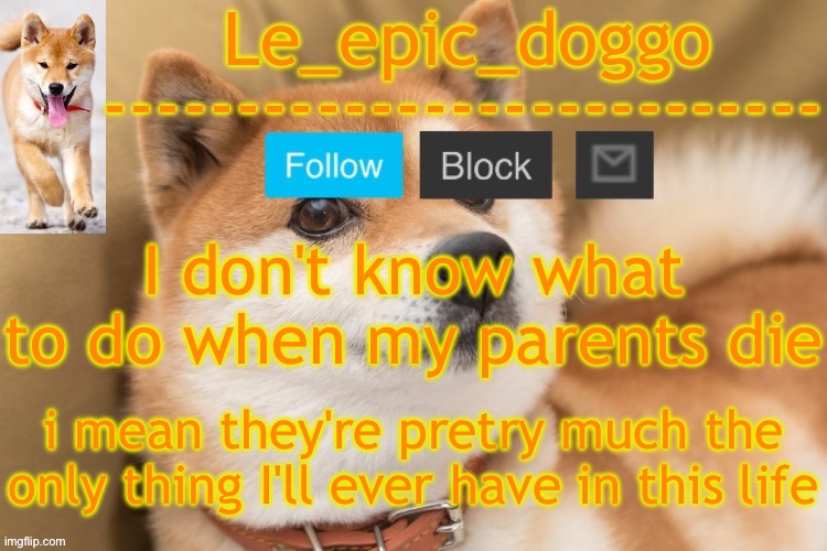 epic doggo's temp back in old fashion | I don't know what to do when my parents die; i mean they're pretry much the only thing I'll ever have in this life | image tagged in epic doggo's temp back in old fashion | made w/ Imgflip meme maker
