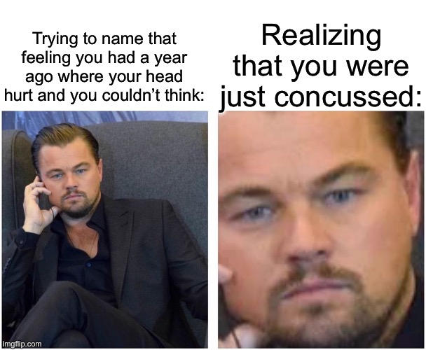 Oh lmao | Realizing that you were just concussed:; Trying to name that feeling you had a year ago where your head hurt and you couldn’t think: | image tagged in leonardo realization,wawa | made w/ Imgflip meme maker