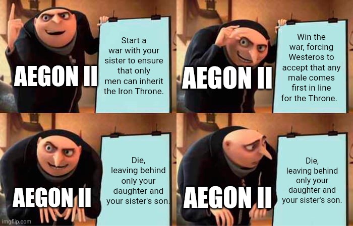 A Cunning Plan | Start a war with your sister to ensure that only men can inherit the Iron Throne. Win the war, forcing Westeros to accept that any male comes first in line for the Throne. AEGON II; AEGON II; Die, leaving behind only your daughter and your sister's son. Die, leaving behind only your daughter and your sister's son. AEGON II; AEGON II | image tagged in memes,gru's plan,house of the dragon,spoilers,spoiler alert | made w/ Imgflip meme maker