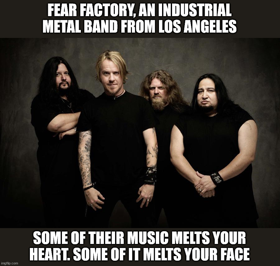 Part 4 in a series | FEAR FACTORY, AN INDUSTRIAL METAL BAND FROM LOS ANGELES; SOME OF THEIR MUSIC MELTS YOUR HEART. SOME OF IT MELTS YOUR FACE | image tagged in metal | made w/ Imgflip meme maker
