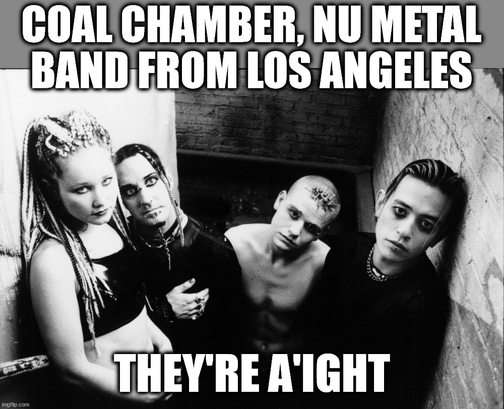 Part 5 in a series | COAL CHAMBER, NU METAL
BAND FROM LOS ANGELES; THEY'RE A'IGHT | image tagged in metal | made w/ Imgflip meme maker