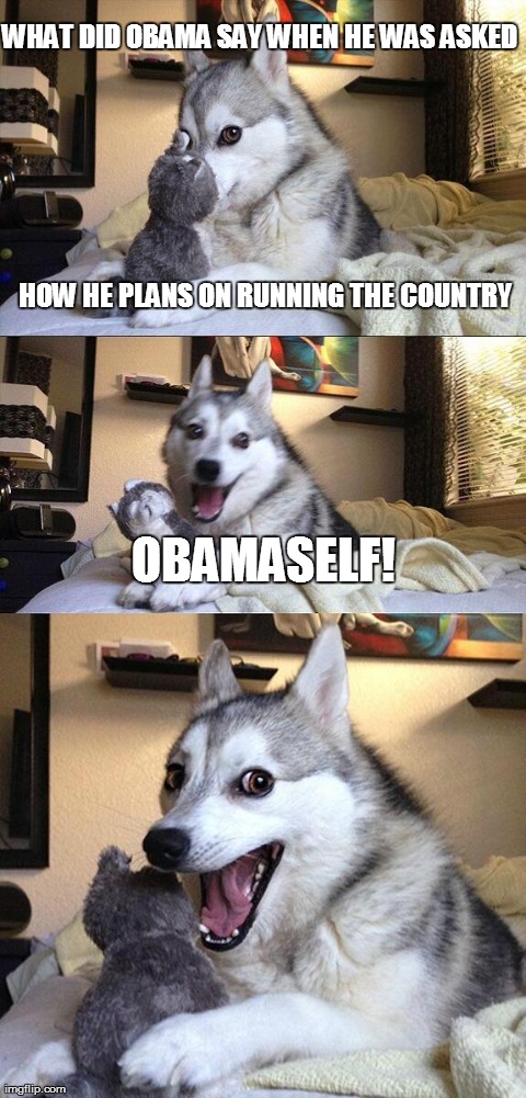 Bad Pun Dog Meme | WHAT DID OBAMA SAY WHEN HE WAS ASKED OBAMASELF!  HOW HE PLANS ON RUNNING THE COUNTRY | image tagged in memes,bad pun dog | made w/ Imgflip meme maker