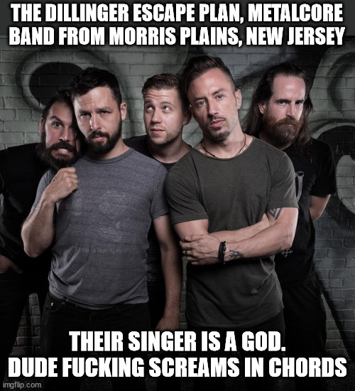 Part 9 in a series | THE DILLINGER ESCAPE PLAN, METALCORE BAND FROM MORRIS PLAINS, NEW JERSEY; THEIR SINGER IS A GOD. DUDE FUCKING SCREAMS IN CHORDS | image tagged in metal | made w/ Imgflip meme maker