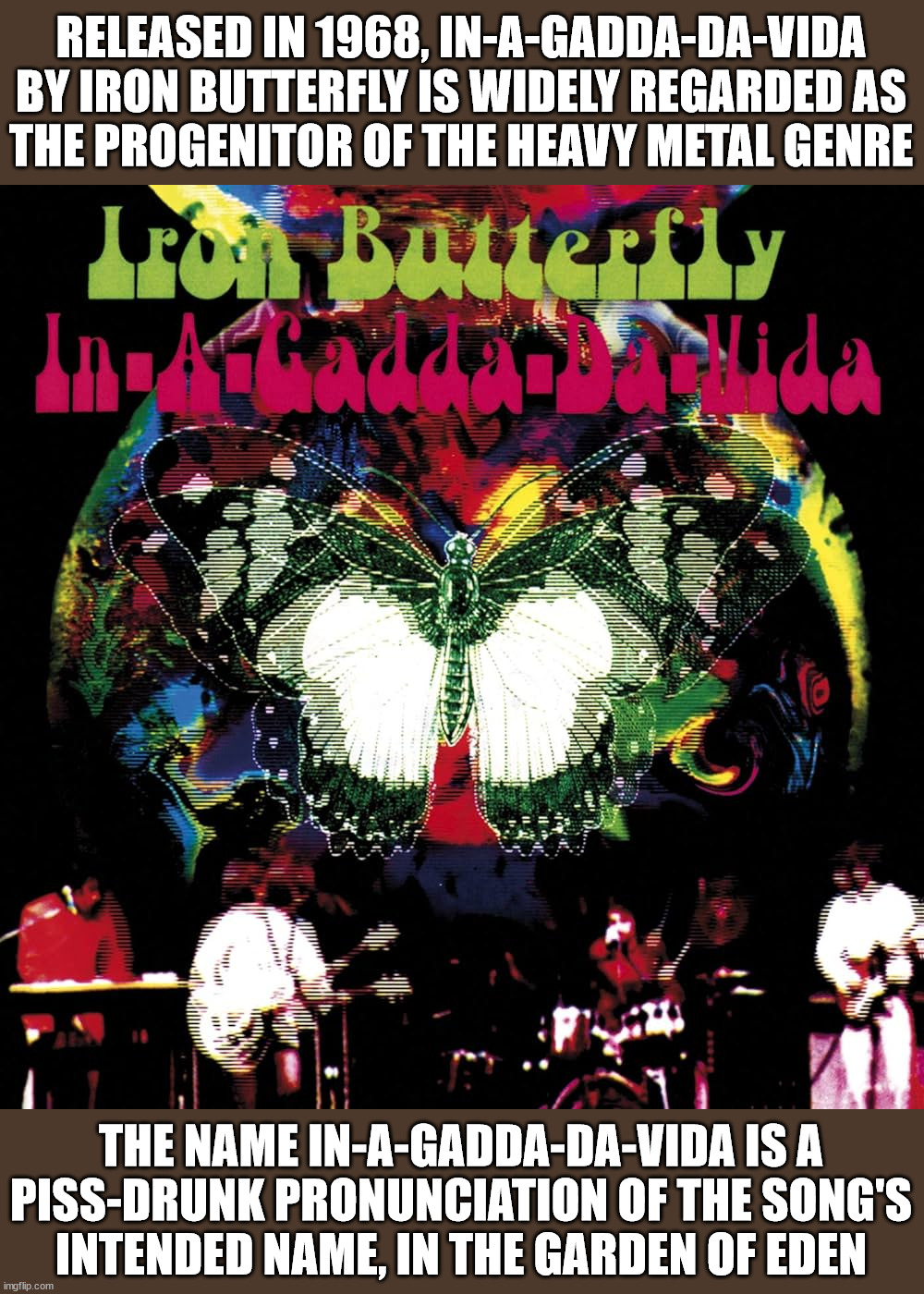 Part 11 in a series | RELEASED IN 1968, IN-A-GADDA-DA-VIDA BY IRON BUTTERFLY IS WIDELY REGARDED AS
THE PROGENITOR OF THE HEAVY METAL GENRE; THE NAME IN-A-GADDA-DA-VIDA IS A
PISS-DRUNK PRONUNCIATION OF THE SONG'S
INTENDED NAME, IN THE GARDEN OF EDEN | image tagged in metal | made w/ Imgflip meme maker