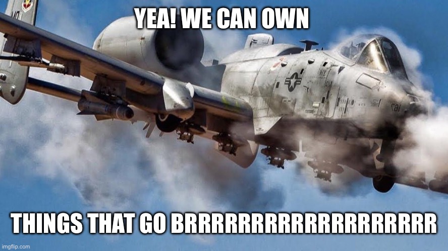 a10 warthog | YEA! WE CAN OWN THINGS THAT GO BRRRRRRRRRRRRRRRRRRR | image tagged in a10 warthog | made w/ Imgflip meme maker