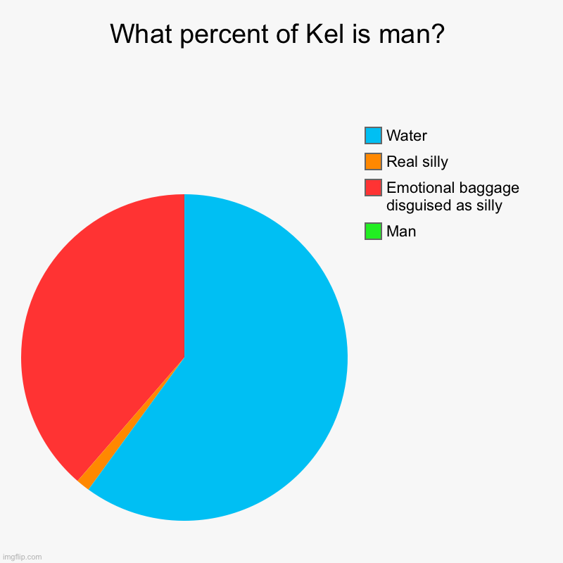 Very informative | What percent of Kel is man? | Man, Emotional baggage disguised as silly, Real silly, Water | image tagged in charts,pie charts,omori | made w/ Imgflip chart maker