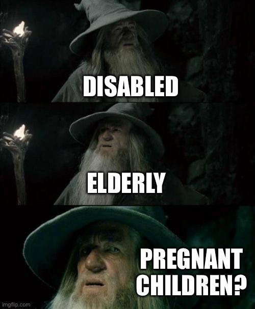 Confused Gandalf | DISABLED; ELDERLY; PREGNANT CHILDREN? | image tagged in memes,confused gandalf | made w/ Imgflip meme maker