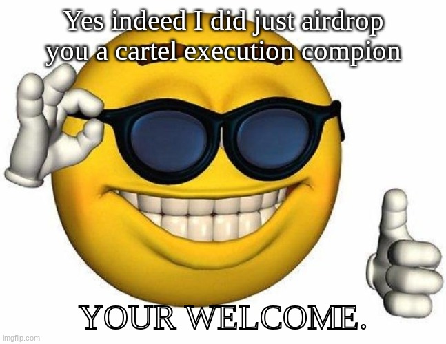 no need to thank me | Yes indeed I did just airdrop you a cartel execution compion; YOUR WELCOME. | image tagged in thumbs up emoji | made w/ Imgflip meme maker