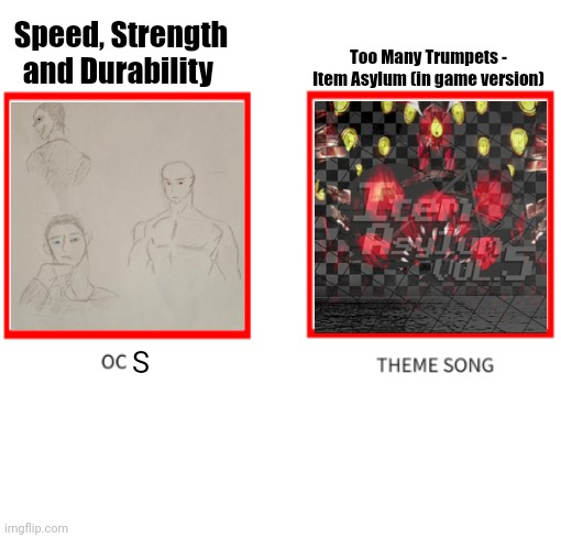 Oc theme song | Too Many Trumpets - Item Asylum (in game version); Speed, Strength and Durability; S | image tagged in oc theme song | made w/ Imgflip meme maker