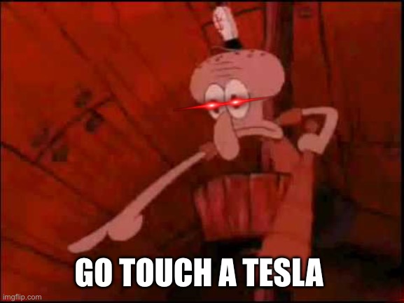 Squidward pointing | GO TOUCH A TESLA | image tagged in squidward pointing | made w/ Imgflip meme maker
