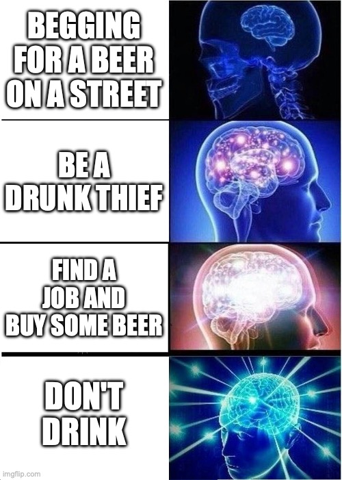 four life paths | BEGGING FOR A BEER ON A STREET; BE A DRUNK THIEF; FIND A JOB AND BUY SOME BEER; DON'T DRINK | image tagged in memes,expanding brain,drunk,beer,funny,funny memes | made w/ Imgflip meme maker