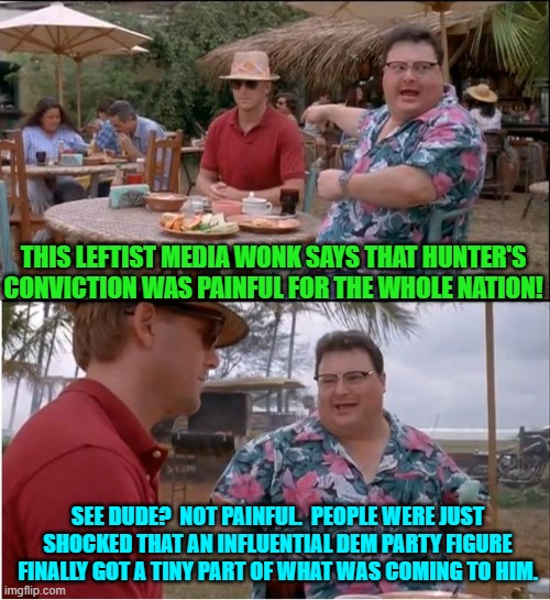 People will be even more shocked if he ever serves any time behind bars.  That's all. | THIS LEFTIST MEDIA WONK SAYS THAT HUNTER'S CONVICTION WAS PAINFUL FOR THE WHOLE NATION! SEE DUDE?  NOT PAINFUL.  PEOPLE WERE JUST SHOCKED THAT AN INFLUENTIAL DEM PARTY FIGURE FINALLY GOT A TINY PART OF WHAT WAS COMING TO HIM. | image tagged in see nobody cares | made w/ Imgflip meme maker
