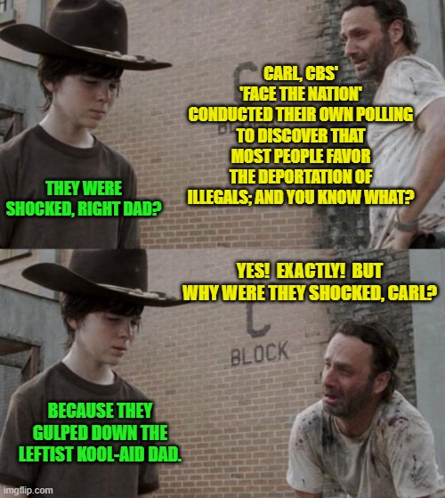 If the MSM is where you get your information from . . . stop. | CARL, CBS' 'FACE THE NATION' CONDUCTED THEIR OWN POLLING TO DISCOVER THAT MOST PEOPLE FAVOR THE DEPORTATION OF ILLEGALS; AND YOU KNOW WHAT? THEY WERE SHOCKED, RIGHT DAD? YES!  EXACTLY!  BUT WHY WERE THEY SHOCKED, CARL? BECAUSE THEY GULPED DOWN THE LEFTIST KOOL-AID DAD. | image tagged in rick and carl | made w/ Imgflip meme maker