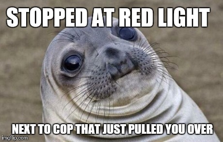 Awkward Moment Sealion Meme | STOPPED AT RED LIGHT NEXT TO COP THAT JUST PULLED YOU OVER | image tagged in memes,awkward moment sealion,AdviceAnimals | made w/ Imgflip meme maker