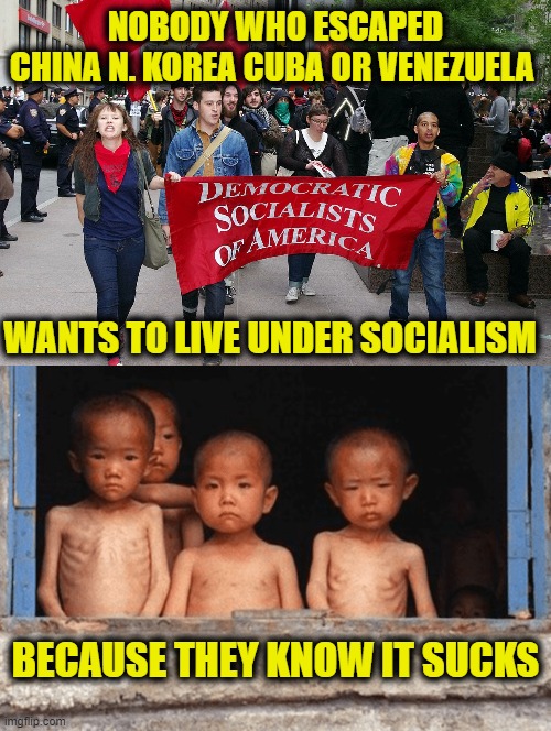 Thinking is for fools, Wiseman observe | NOBODY WHO ESCAPED
CHINA N. KOREA CUBA OR VENEZUELA; WANTS TO LIVE UNDER SOCIALISM; BECAUSE THEY KNOW IT SUCKS | image tagged in socialism | made w/ Imgflip meme maker