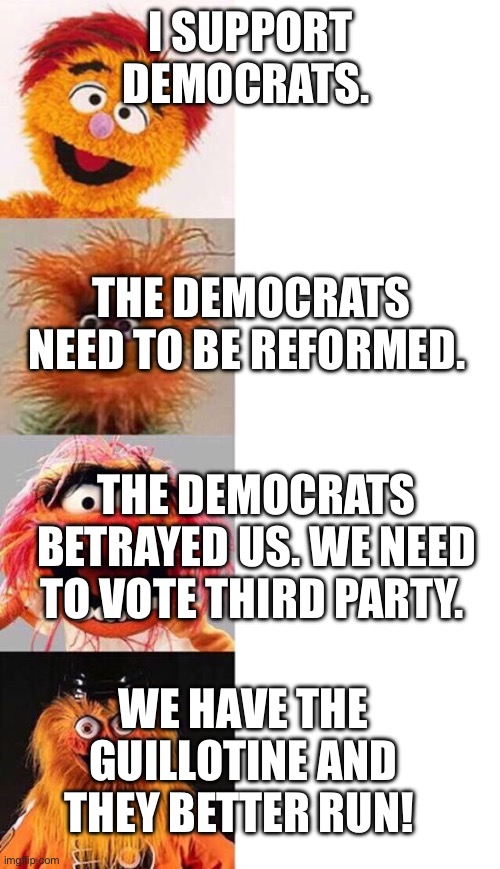 Gritty Brain | I SUPPORT DEMOCRATS. THE DEMOCRATS NEED TO BE REFORMED. THE DEMOCRATS BETRAYED US. WE NEED TO VOTE THIRD PARTY. WE HAVE THE GUILLOTINE AND THEY BETTER RUN! | image tagged in gritty brain | made w/ Imgflip meme maker