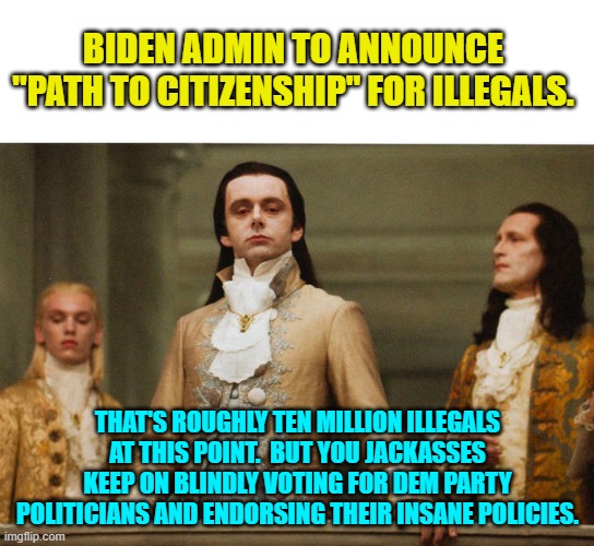 It's only your own nation they are destroying after all. | BIDEN ADMIN TO ANNOUNCE "PATH TO CITIZENSHIP" FOR ILLEGALS. THAT'S ROUGHLY TEN MILLION ILLEGALS AT THIS POINT.  BUT YOU JACKASSES KEEP ON BLINDLY VOTING FOR DEM PARTY POLITICIANS AND ENDORSING THEIR INSANE POLICIES. | image tagged in judgemental volturi | made w/ Imgflip meme maker