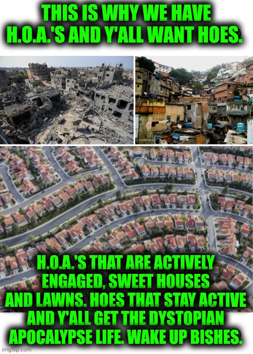 Funny | THIS IS WHY WE HAVE H.O.A.'S AND Y'ALL WANT HOES. H.O.A.'S THAT ARE ACTIVELY ENGAGED, SWEET HOUSES AND LAWNS. HOES THAT STAY ACTIVE AND Y'ALL GET THE DYSTOPIAN APOCALYPSE LIFE. WAKE UP BISHES. | image tagged in funny,dystopia,neighborhood,hoes,apocalypse,humans | made w/ Imgflip meme maker