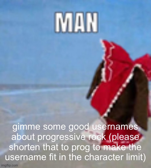 I was gonna do ted_the_prog_fan but eh | gimme some good usernames about progressive rock (please shorten that to prog to make the username fit in the character limit) | image tagged in man | made w/ Imgflip meme maker