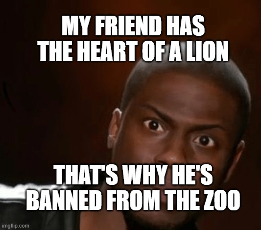 Really | MY FRIEND HAS THE HEART OF A LION; THAT'S WHY HE'S BANNED FROM THE ZOO | image tagged in really | made w/ Imgflip meme maker
