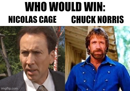 Debate more important than Mike Tyson vs Bruce Lee | WHO WOULD WIN:; NICOLAS CAGE; CHUCK NORRIS | image tagged in memes,nicolas cage,chuck norris,hollywood,debate,who would win | made w/ Imgflip meme maker