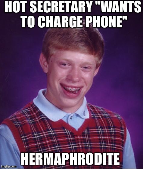 Bad Luck Brian Meme | HOT SECRETARY "WANTS TO CHARGE PHONE" HERMAPHRODITE | image tagged in memes,bad luck brian | made w/ Imgflip meme maker