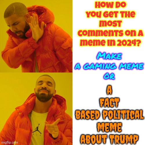 Maga Does Like To Insult, Bully And Argue With Everyone That Bases Their Opinion On The Actual Facts | How do you get the most comments on a meme in 2024? Make a gaming meme
or; a
FACT
based political meme about Trump | image tagged in memes,drake hotline bling,maga,trump lies,lock him up,trump unfit unqualified dangerous | made w/ Imgflip meme maker