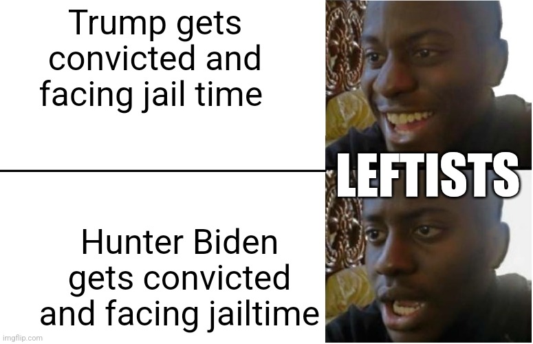 A Celebration is Short Lived | Trump gets convicted and facing jail time; LEFTISTS; Hunter Biden gets convicted and facing jailtime | image tagged in disappointed black guy,memes | made w/ Imgflip meme maker