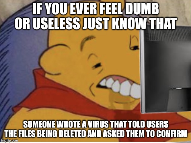 Dumb Winnie | IF YOU EVER FEEL DUMB OR USELESS JUST KNOW THAT; SOMEONE WROTE A VIRUS THAT TOLD USERS THE FILES BEING DELETED AND ASKED THEM TO CONFIRM | image tagged in dumb winnie,computer virus | made w/ Imgflip meme maker