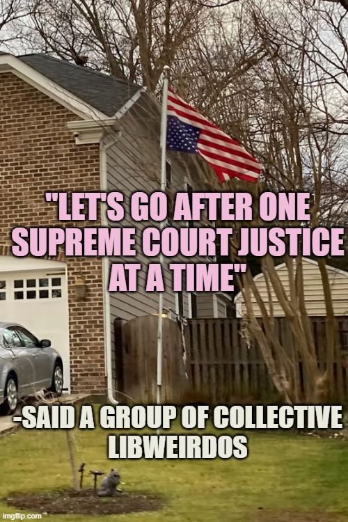 samuel alito's upside-down flag | "LET'S GO AFTER ONE
SUPREME COURT JUSTICE
AT A TIME" -SAID A GROUP OF COLLECTIVE
LIBWEIRDOS | image tagged in samuel alito's upside-down flag | made w/ Imgflip meme maker