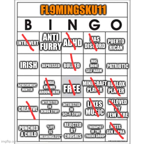 Saw someone do this | image tagged in fl9mingsku11 bingo | made w/ Imgflip meme maker