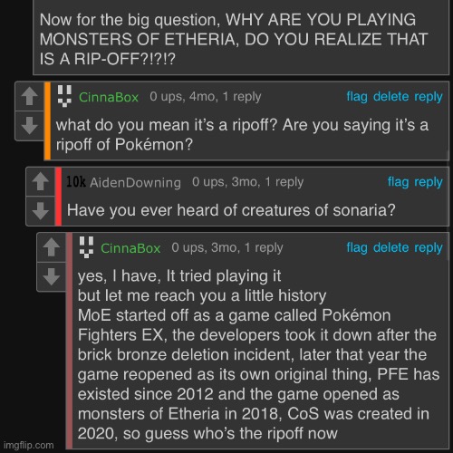 flashback to the time someone called monsters of Etheria a ripoff of creatures of sonaria | made w/ Imgflip meme maker