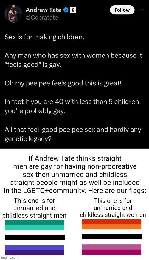 Andrew Tate thinks unmarried and childless straight people are gay so we might as well be included in the LGBTQ+ community | image tagged in andrew tate,lgbtq,pride month | made w/ Imgflip meme maker