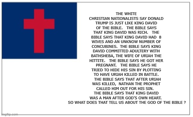 Christian Theocracy Party flag | THE WHITE CHRISTIAN NATIONALISTS SAY DONALD TRUMP IS JUST LIKE KING DAVID OF THE BIBLE.   THE BIBLE SAYS THAT KING DAVID WAS RICH.   THE BIBLE SAYS THAT KING DAVID HAD  8 WIVES AND AN UNKNOW NUMBER OF CONCUBINES.  THE BIBLE SAYS KING DAVID COMMITTED ADULTERY WITH BATHSHEBA, THE WIFE OF URIAH THE HITTITE.   THE BIBLE SAYS HE GOT HER PREGNANT.   THE BIBLE SAYS HE TRIED TO HIDE HIS SIN BY PLOTTING TO HAVE URIAH KILLED IN BATTLE.   THE BIBLE SAYS THAT AFTER URIAH WAS KILLED,  NATHAN THE PROPHET CALLED HIM OUT FOR HIS SIN.   THE BIBLE SAYS THAT KING DAVID WAS A MAN AFTER GOD'S OWN HEART.   SO WHAT DOES THAT TELL US ABOUT THE GOD OF THE BIBLE ? | image tagged in christian theocracy party flag | made w/ Imgflip meme maker