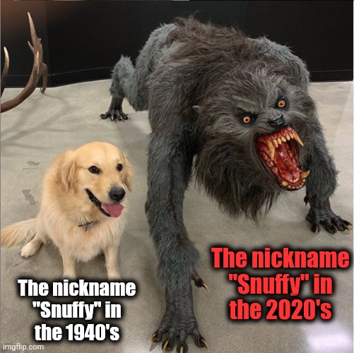 "Snuffy" | The nickname
"Snuffy" in
the 2020's; The nickname
"Snuffy" in
the 1940's | image tagged in dog vs werewolf,memes,snuffy,nickname | made w/ Imgflip meme maker