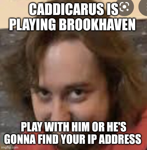 Caddicarus | CADDICARUS IS PLAYING BROOKHAVEN; PLAY WITH HIM OR HE'S GONNA FIND YOUR IP ADDRESS | image tagged in caddicarus | made w/ Imgflip meme maker