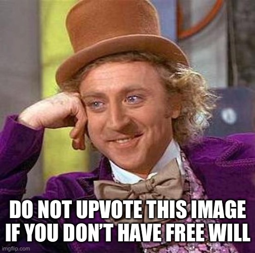 Creepy Condescending Wonka | DO NOT UPVOTE THIS IMAGE IF YOU DON’T HAVE FREE WILL | image tagged in memes,creepy condescending wonka | made w/ Imgflip meme maker